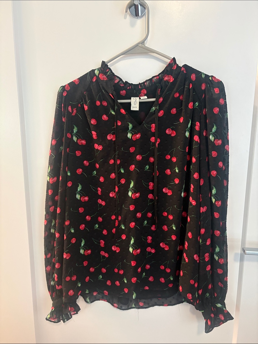 Joie Black Cherry-Print Ruffle-Neck Blouse